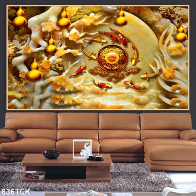 Tranh treo tường hoa sen cá koi, cá chép trang trí phòng khách, quà tặng tân gia