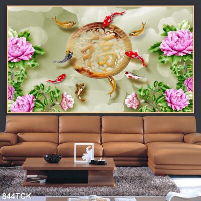 Tranh treo tường hoa sen cá koi, cá chép trang trí phòng khách, quà tặng tân gia