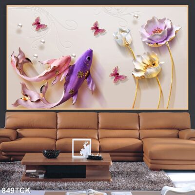 Tranh treo tường hoa sen cá koi, cá chép trang trí phòng khách, quà tặng tân gia
