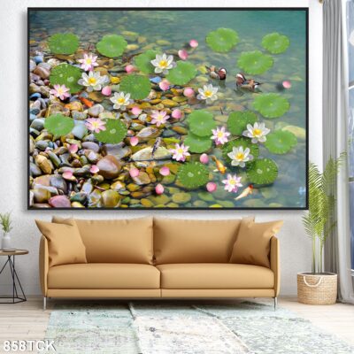 Tranh treo tường hoa sen cá koi, cá chép trang trí phòng khách, quà tặng tân gia