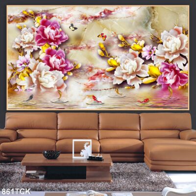 Tranh treo tường hoa sen cá koi, cá chép trang trí phòng khách, quà tặng tân gia