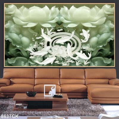 Tranh treo tường hoa sen cá koi, cá chép trang trí phòng khách, quà tặng tân gia