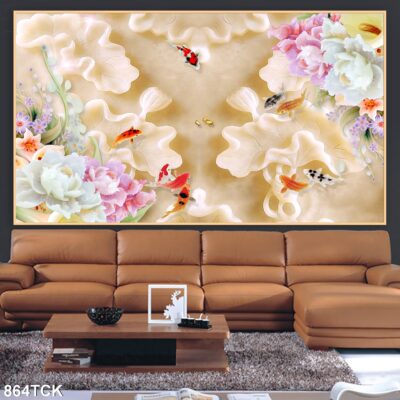 Tranh treo tường hoa sen cá koi, cá chép trang trí phòng khách, quà tặng tân gia