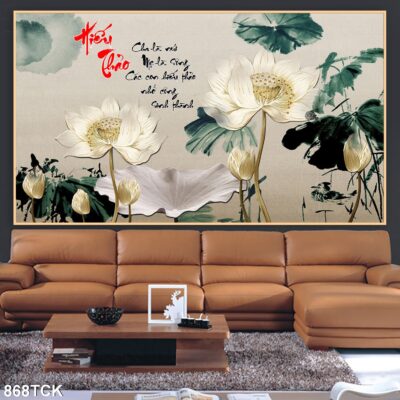 Tranh treo tường hoa sen cá koi, cá chép trang trí phòng khách, quà tặng tân gia
