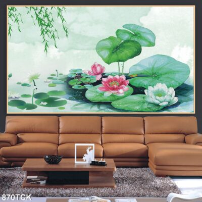 Tranh treo tường hoa sen cá koi, cá chép trang trí phòng khách, quà tặng tân gia