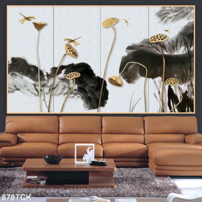 Tranh treo tường hoa sen cá koi, cá chép trang trí phòng khách, quà tặng tân gia