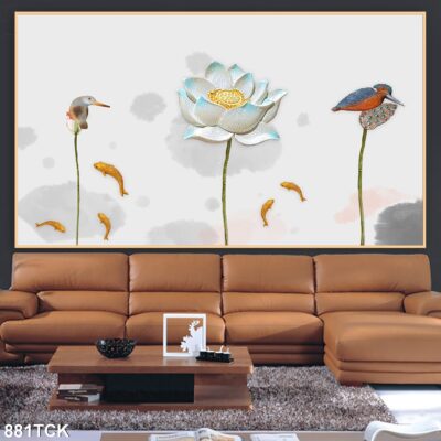 Tranh treo tường hoa sen cá koi, cá chép trang trí phòng khách, quà tặng tân gia