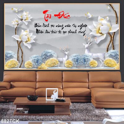 Tranh treo tường hoa sen cá koi, cá chép trang trí phòng khách, quà tặng tân gia