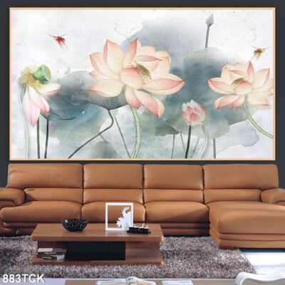 Tranh treo tường hoa sen cá koi, cá chép trang trí phòng khách, quà tặng tân gia