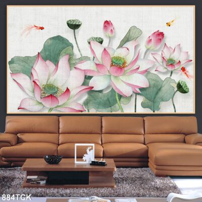 Tranh treo tường hoa sen cá koi, cá chép trang trí phòng khách, quà tặng tân gia