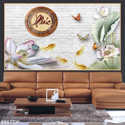 Tranh treo tường hoa sen cá koi, cá chép trang trí phòng khách, quà tặng tân gia