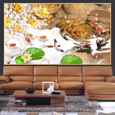 Tranh treo tường hoa sen cá koi, cá chép trang trí phòng khách, quà tặng tân gia