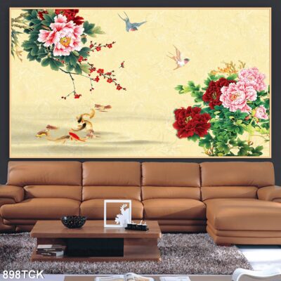 Tranh treo tường hoa sen cá koi, cá chép trang trí phòng khách, quà tặng tân gia
