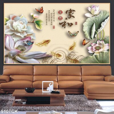 Tranh treo tường hoa sen cá koi, cá chép trang trí phòng khách, quà tặng tân gia