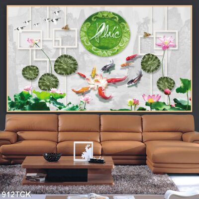Tranh treo tường hoa sen cá koi, cá chép trang trí phòng khách, quà tặng tân gia
