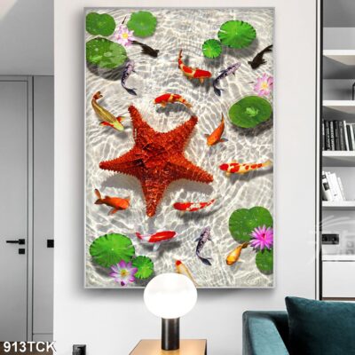 Tranh treo tường hoa sen cá koi, cá chép trang trí phòng khách, quà tặng tân gia