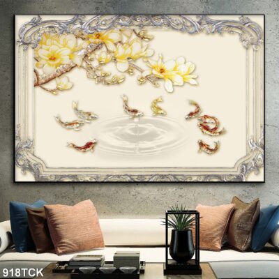 Tranh treo tường hoa sen cá koi, cá chép trang trí phòng khách, quà tặng tân gia