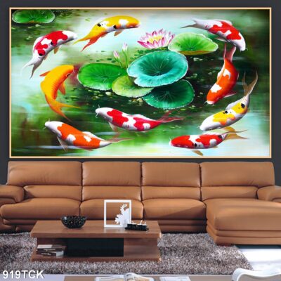 Tranh treo tường hoa sen cá koi, cá chép trang trí phòng khách, quà tặng tân gia