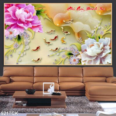 Tranh treo tường hoa sen cá koi, cá chép trang trí phòng khách, quà tặng tân gia