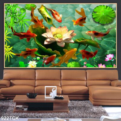 Tranh treo tường hoa sen cá koi, cá chép trang trí phòng khách, quà tặng tân gia