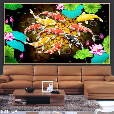 Tranh treo tường hoa sen cá koi, cá chép trang trí phòng khách, quà tặng tân gia