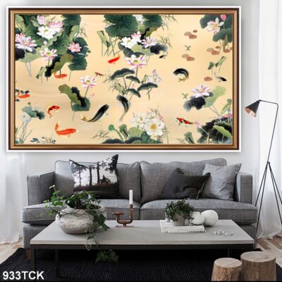 Tranh treo tường hoa sen cá koi, cá chép trang trí phòng khách, quà tặng tân gia