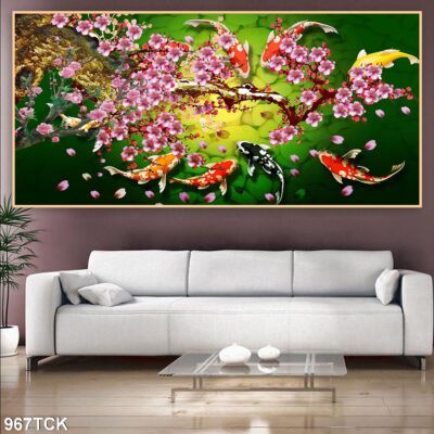 Tranh treo tường hoa sen cá koi, cá chép trang trí phòng khách, quà tặng tân gia