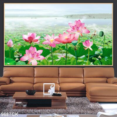 Tranh treo tường hoa sen cá koi, cá chép trang trí phòng khách, quà tặng tân gia