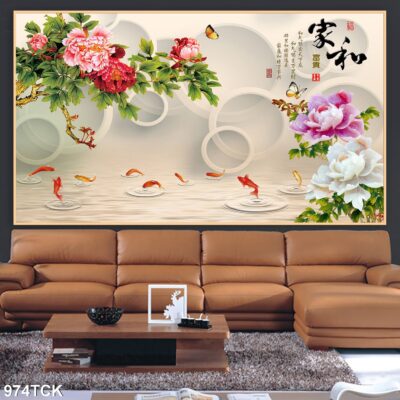 Tranh treo tường hoa sen cá koi, cá chép trang trí phòng khách, quà tặng tân gia