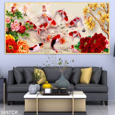 Tranh treo tường hoa sen cá koi, cá chép trang trí phòng khách, quà tặng tân gia