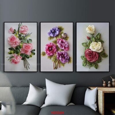 Bộ 3 tranh tráng gương hiện đại, bình hoa trang trí phòng khách, phòng bếp, khách sạn
