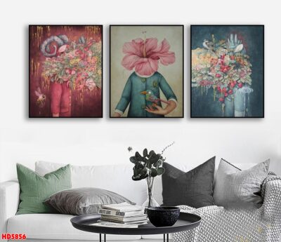 Bộ 3 tranh tráng gương hiện đại, bình hoa trang trí phòng khách, phòng bếp, khách sạn