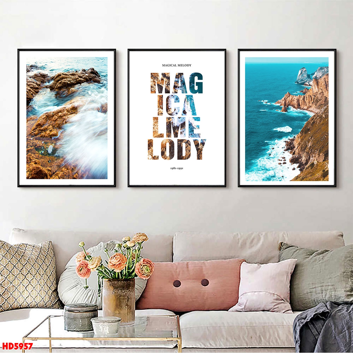 Bộ 3 tranh tráng gương hiện đại, bình hoa trang trí phòng khách, phòng bếp, khách sạn