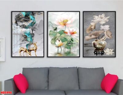 Bộ 3 tranh tráng gương hiện đại, bình hoa trang trí phòng khách, phòng bếp, khách sạn