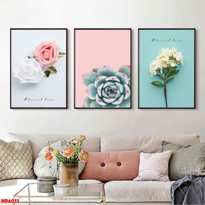 Bộ 3 tranh tráng gương hiện đại, bình hoa trang trí phòng khách, phòng bếp, khách sạn
