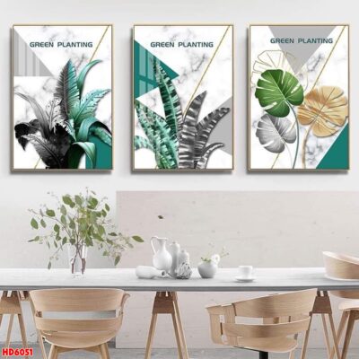 Bộ 3 tranh tráng gương hiện đại, bình hoa trang trí phòng khách, phòng bếp, khách sạn
