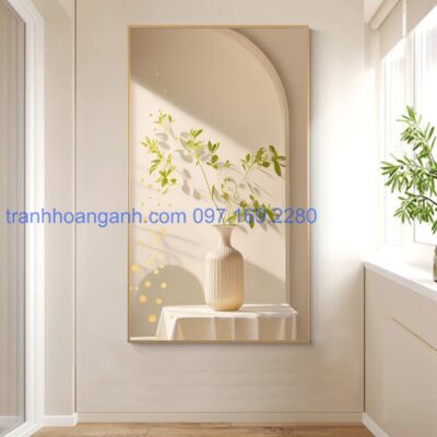 Tranh dọc hiện đại trắng tinh khôi họa tiết chậu hoa