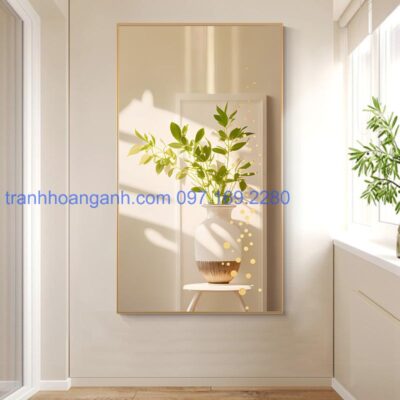 Tranh dọc hiện đại trắng tinh khôi họa tiết chậu hoa