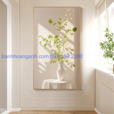 Tranh dọc hiện đại trắng tinh khôi họa tiết chậu hoa