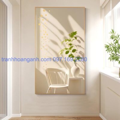 Tranh dọc hiện đại trắng tinh khôi họa tiết chậu hoa