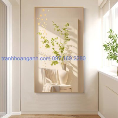 Tranh dọc hiện đại trắng tinh khôi họa tiết chậu hoa