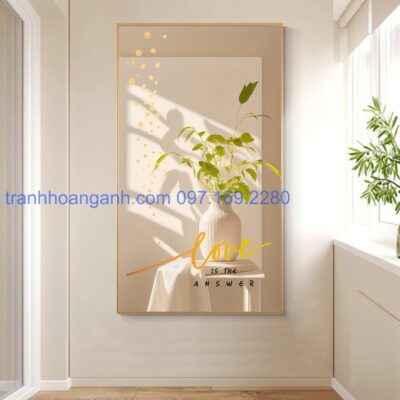 Tranh dọc hiện đại trắng tinh khôi họa tiết chậu hoa