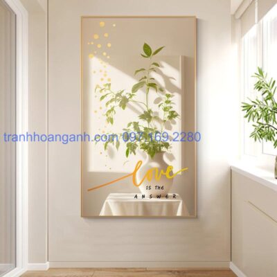 Tranh dọc hiện đại trắng tinh khôi họa tiết chậu hoa
