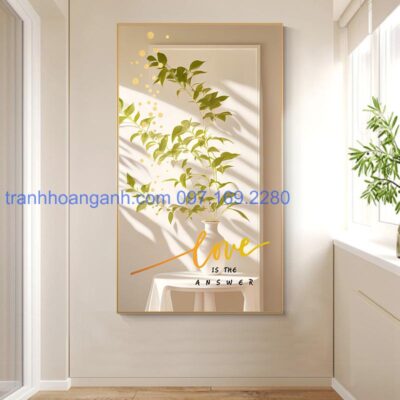 Tranh dọc hiện đại trắng tinh khôi họa tiết chậu hoa
