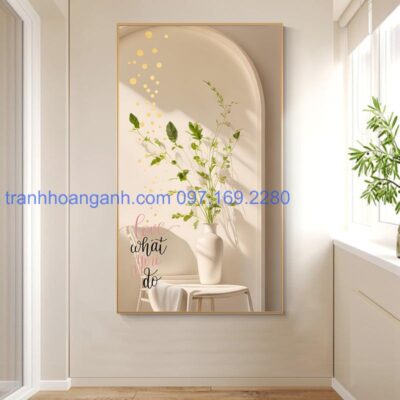 Tranh dọc hiện đại trắng tinh khôi họa tiết chậu hoa