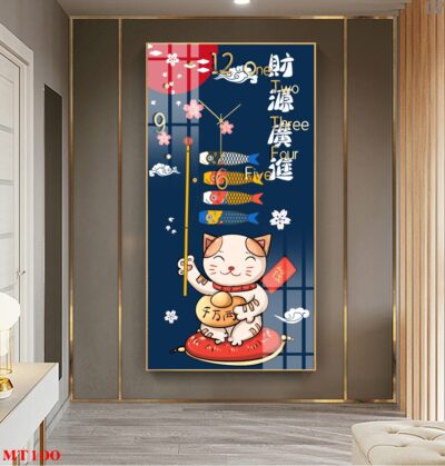 Đồng hồ tráng gương Mèo Thần Tài dáng dọc