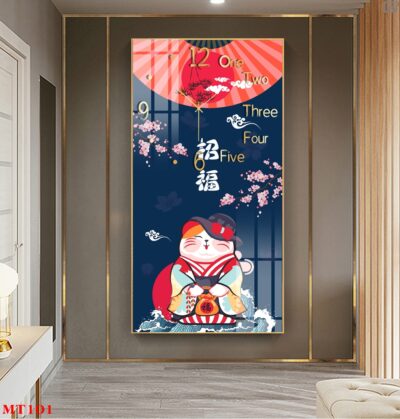Đồng hồ tráng gương Mèo Thần Tài dáng dọc