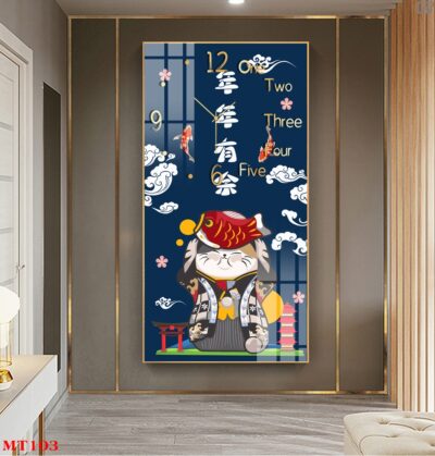 Đồng hồ tráng gương Mèo Thần Tài dáng dọc