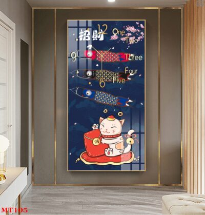 Đồng hồ tráng gương Mèo Thần Tài dáng dọc