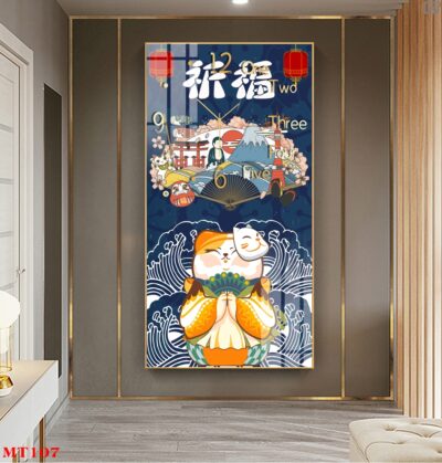 Đồng hồ tráng gương Mèo Thần Tài dáng dọc